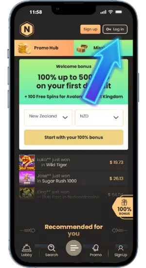Click login button on National Casino app
